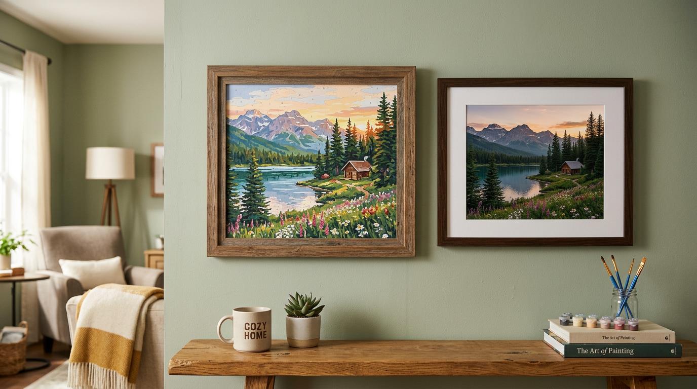 finished custom paint by numbers canvas displayed on a wall next to a framed photograph of the same subject